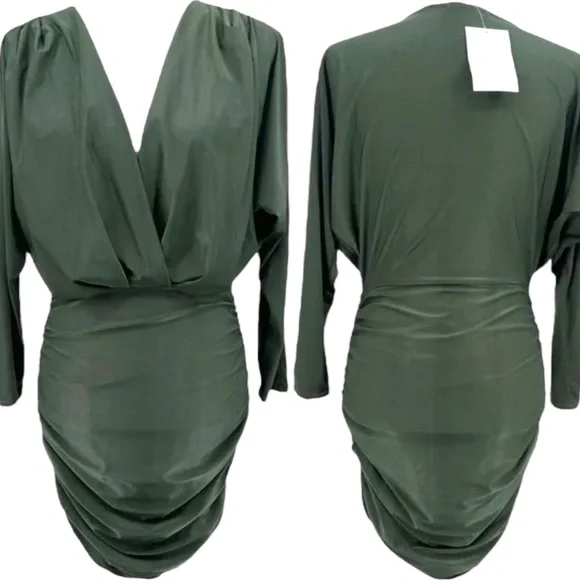 SOLD! Olive Green Surplice Batwing Midi Ruched Long Sleeve Dress Size Medium/8 - Picture 1 of 10